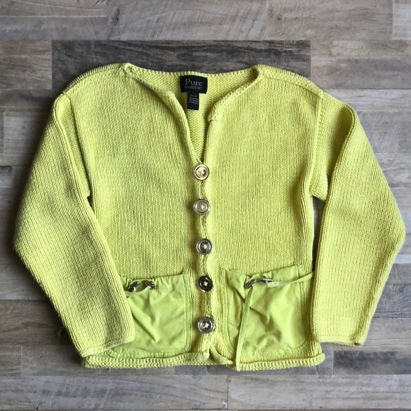 Pure HANDKNIT Womens Sweater XS/S Button Up Neon Green Handmade - Picture 1 of 4